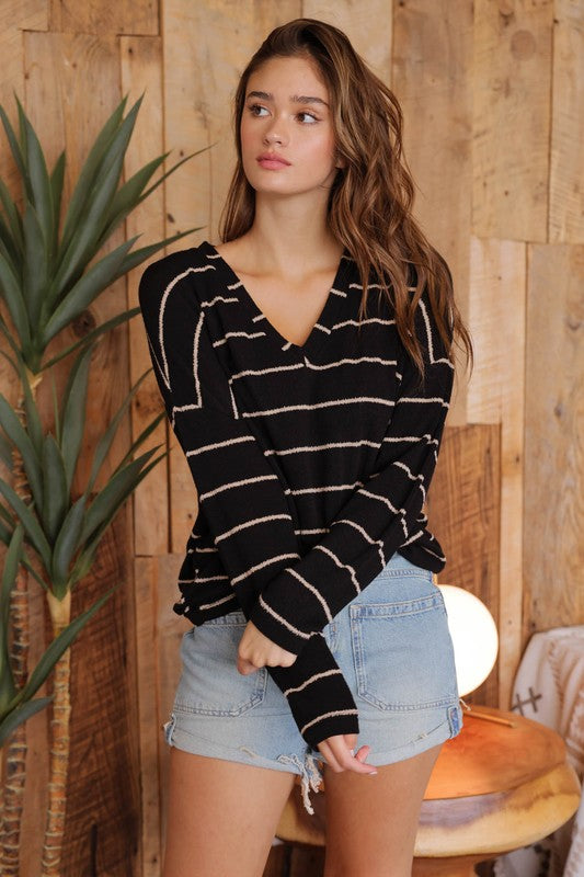 Everly - Striped V Neck (Black)