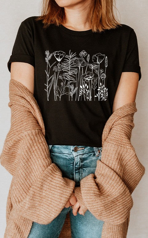 Minimal Black Wildflower Graphic Tee