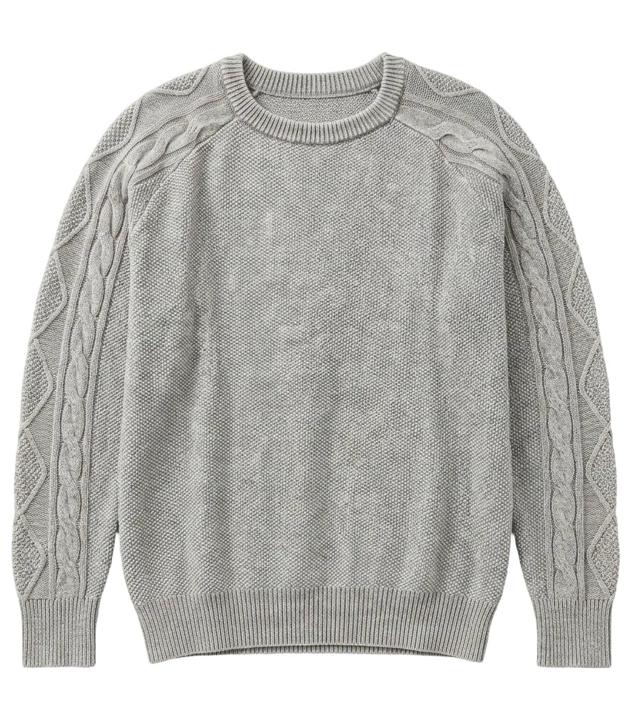 Stone Washed Cable-sleeve Crewneck Sweater