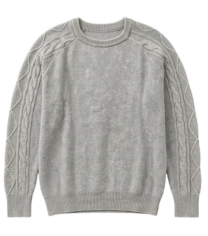 Stone Washed Cable-sleeve Crewneck Sweater
