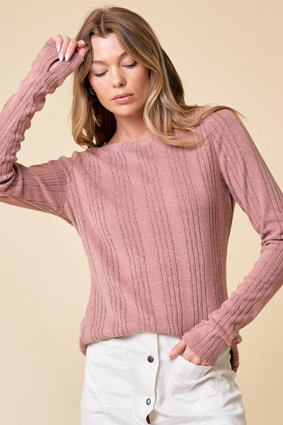 Womens pink round neck top with thumbholes.