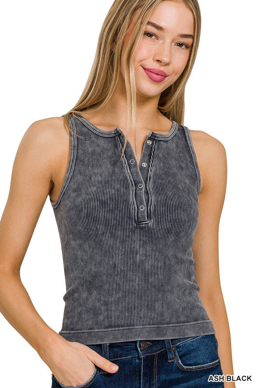 Ribbed Button Up Tank Top (Ash Black)