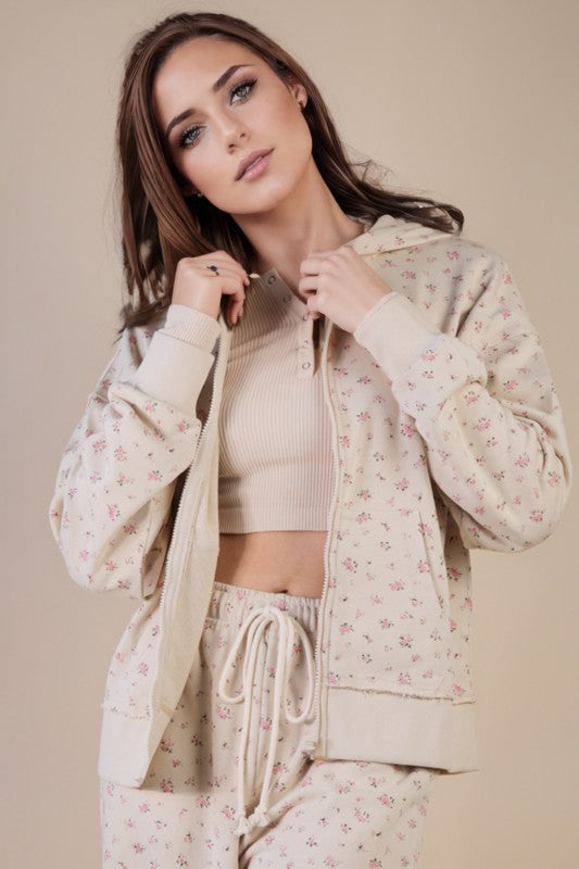 Gigi - Floral Zip Up Hoodie (Cream)