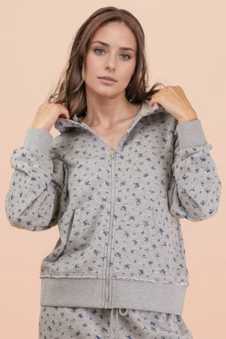 Gigi - Floral Zip Up Hoodie (Gray)
