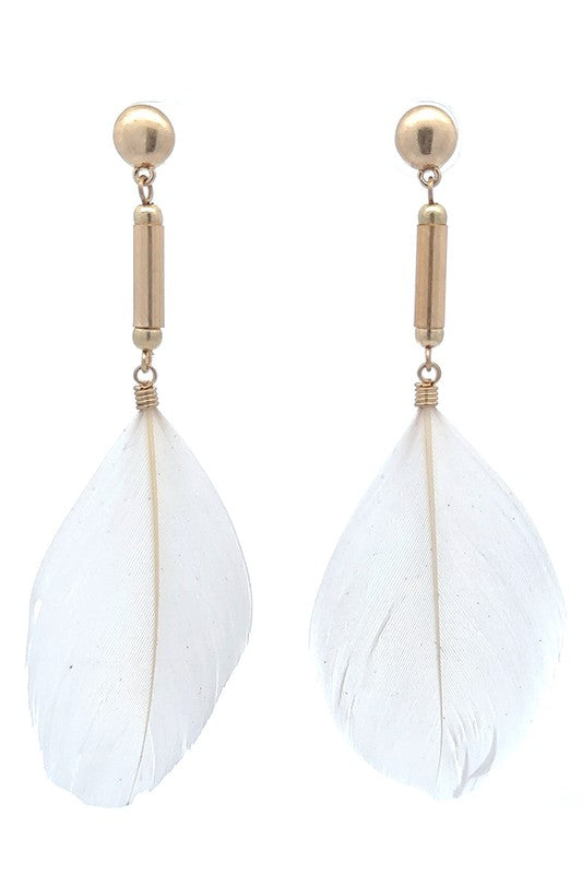 Boho white feather and gold earrings. 
