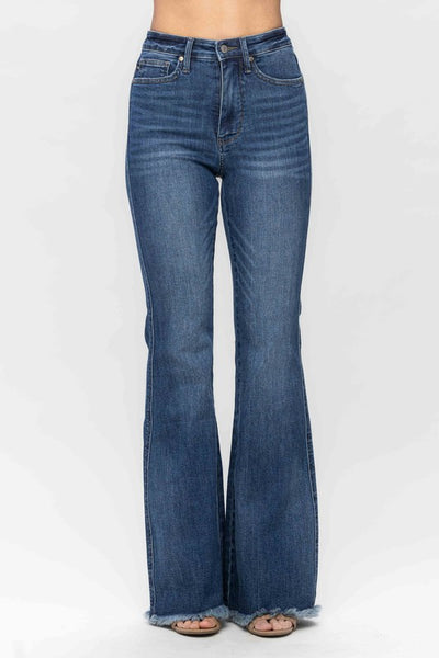 Womens Judy Blue Jeans with frayed bottom hem, high waist, tummy control, dark wash. 