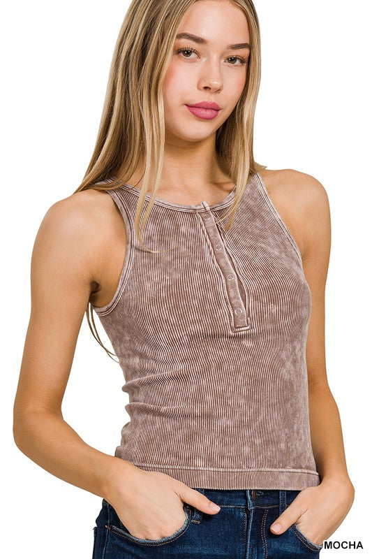 Ribbed Button Up Tank Top (Mocha)