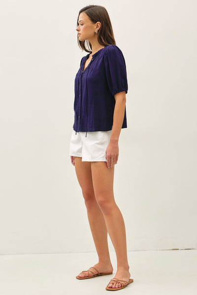 Nora - Navy Front Tie Blouse