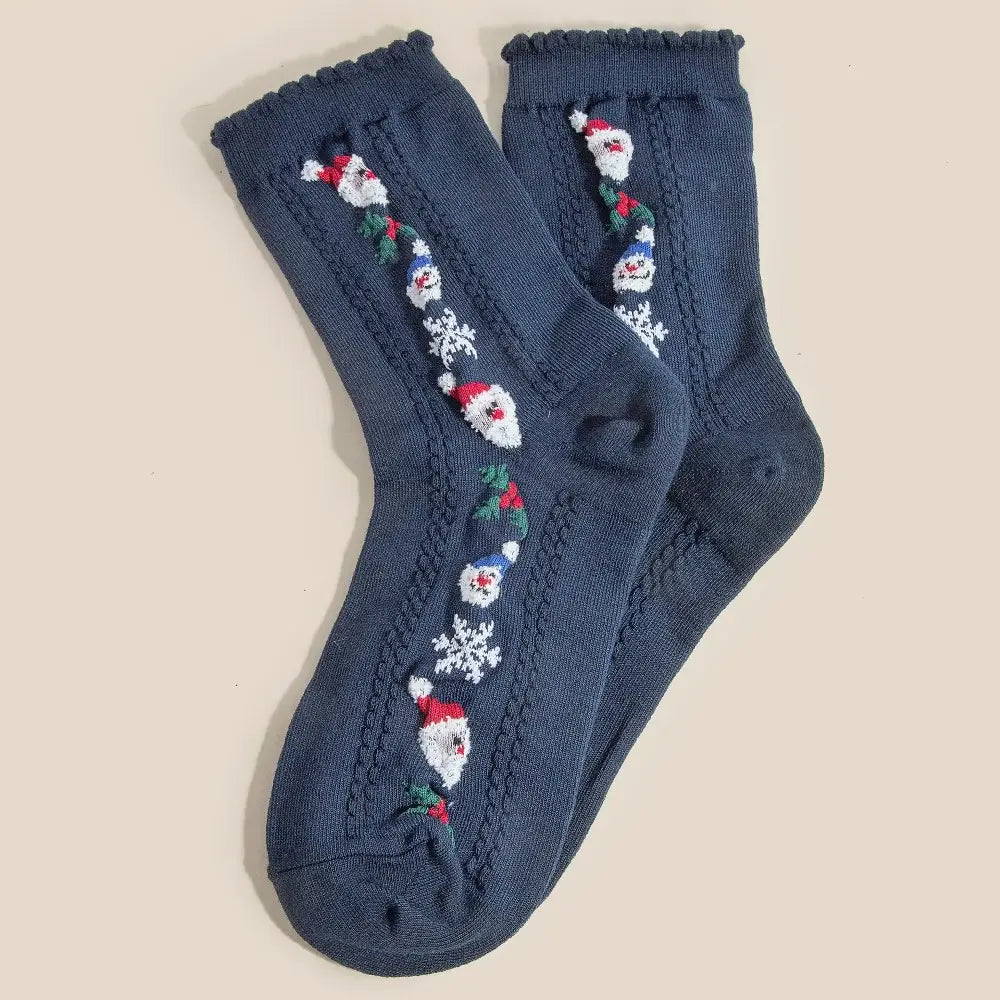 Embroidered Christmas Socks (Navy)