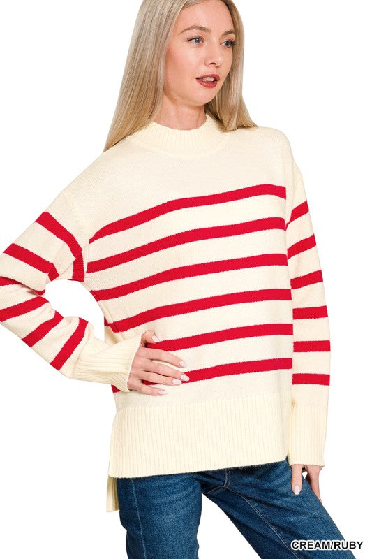 Carol - White Striped Sweater (Red Stripes)